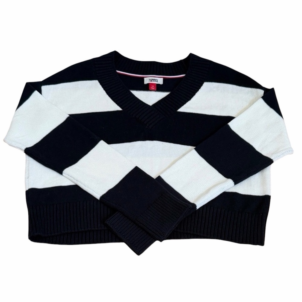 Tommy Jeans  Navy and White Striped V-Neck Cropped Preppy Sweater Size S/P